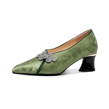 Imagem de TinaCus Sapato feminino sedoso de couro genuíno feito à mão, bico fino, salto grosso, sapato social, Verde, 34