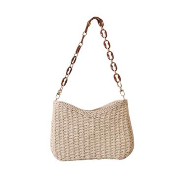 Imagem de SHAREYOIU Handwove Bolsa de ombro de palha natural cor doce bolsa de praia, Bege
