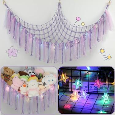 Imagem de YELIENM Rede de bichos de pelúcia com luzes LED – Rede grande de armazenamento de brinquedos de 140 cm para quarto de crianças, organizador de pelúcia montado na parede com anéis de madeira, decoração