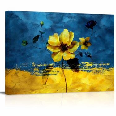 Imagem de Arte de parede impressa em tela, estampa de pintura a óleo azul amarelo flor de primavera, pintura a óleo, arte floral, arte pintada para decoração de casa, quarto, sala de estar