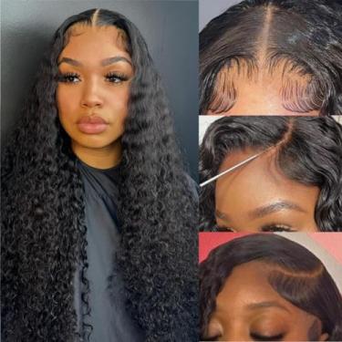 Imagem de Perucas de cabelo humano com tela frontal de onda profunda de abacaxi brasileiro, perucas de cabelo humano para mulheres negras, densidade 150% pré-aparadas com baby hair preto natural