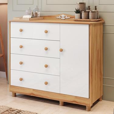 Imagem de Cômoda Infantil Elô New 1 Porta E 4 Gavetas Branco Brilho/amêndoa - Móveis Peroba Branco