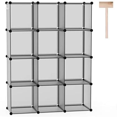 Imagem de C&AHOME Organizador de armazenamento de cubos, unidades de prateleiras de 12 cubos, armário de armário, prateleira de livros modular de plástico DIY, ideal para quarto, sala de estar, escritório, 93 cm C x 31 cm L x 122 cm A cinza UPCS12G