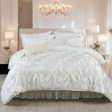 Imagem de Bedbay Conjunto de edredom de cetim branco com solteiro, com pregas, decoração de quarto, estética, cama de solteiro em uma bolsa, lençóis de cetim tipo seda, conjunto de cama de cetim de luxo sedoso,