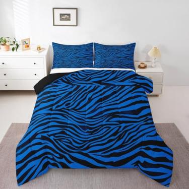 Imagem de Feelyou Conjunto de cama queen de zebra, leopardo, para crianças, meninos, meninas, estampa animal, microfibra listrada, conjunto de edredom azul