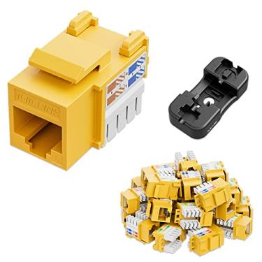 Imagem de Iwillink Conector Keystone Cat6 de 10 Gbps, pacote com 25 e suporte perfurado, inserção Ethernet modular UTP 90 graus, adaptador punch down, amarelo