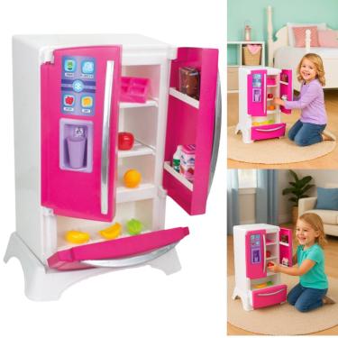 Imagem de Geladeira Infantil 2 Portas Brinquedo Menina Cozinha Acessorios Sai Agua na Porta  Rosa