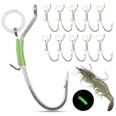 Imagem de Conjunto de anzóis luminosos de camarão, 10 pacotes de ganchos de pesca farpados de aço carbono isca viva isca de camarão para robalo carpa peixe-gato verde 1/0