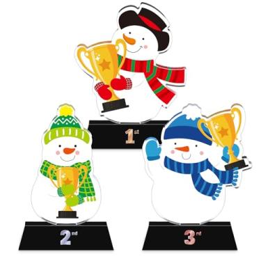 Imagem de Conjunto de troféus de Natal, 3 peças, 1ª 2ª 3ª árvore de Natal, Papai Noel, boneco de neve, troféu de 15 cm, prêmio de acrílico para enfeite de festa de Natal, presente (homem de neve)