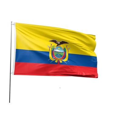 Imagem de Bandeira do Equador 1,5 x 2,8 m Bandeira nacional de poliéster impressa em poliéster da América Latina com 2 ilhós para festival temático equatoriano evento desfile festa herança decoração do mês
