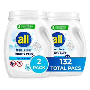 Imagem de Detergente para roupa All Mighty Pacs Free Clear 66 unidades x2