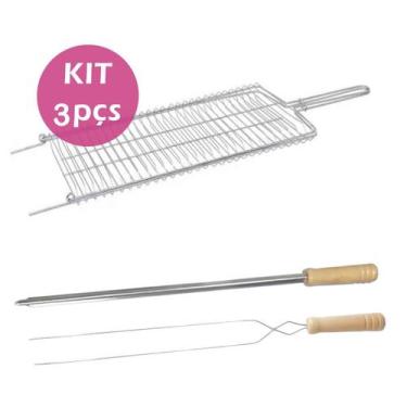 Imagem de Kit Grelha 1Un Espetos Duplo 1Un Simples Inox 65Cm Churrasco - Aramina