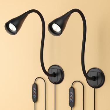 Imagem de Luz de livro para leitura à noite na cama, luz de leitura de montagem na parede para cabeceira, cabeceira, LED para cuidados com os olhos, 5 cores e brilho regulável, gosseneck flexível, pacote com 2