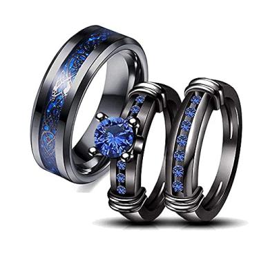Imagem de Aliança de casamento de aço inoxidável CZ azul banhado a ouro preto dele para ela, women's size 8& men's size 12, Metal, Ágata
