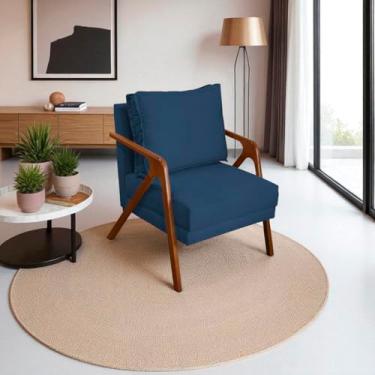 Imagem de Poltrona Para Sala Decorativa Shine Cadeira Reforçada Para Recepção Manicure Sala De Espera Consultório Escritório Confortável Em Madeira Maciça Castanho Suede Cores (Azul-marinho)
