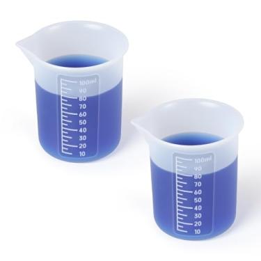 Imagem de 2 copos medidores de silicone, copo de detergente para roupas de 100 ml, dispensador de detergente de silicone, copos de mistura de líquidos antiaderentes reutilizáveis com escala precisa para moldes