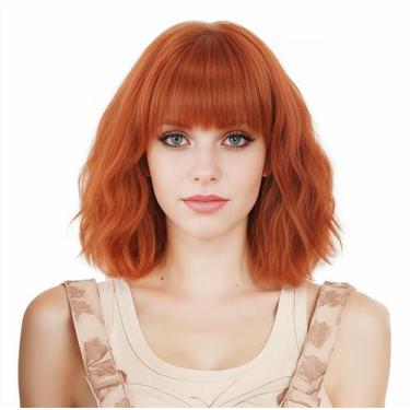 Imagem de Peruca Gerulyss Short Ginger Bob Wavy Auburn com franja para mulheres