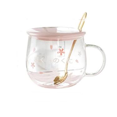 Imagem de Caneca de vidro fofa com tampa de colher copo de café leite rosa escritório cozinha copos delicados sobremesa flor de cerejeira canecas