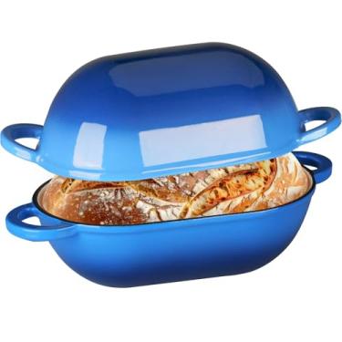 Imagem de LIFERUN Forno holandês de ferro fundido esmaltado de 2,5 qt para assar pão, panela de forno holandês segura com tampa, panela antiaderente para forno, azul