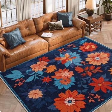 Imagem de Clemile Tapete floral 1,7 x 1,8 m - Antiderrapante Lavável à Máquina Tapete de Sala de Estar - Tapete Macio para Decoração de Casa Azul Colorido