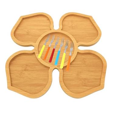 Imagem de Kit 01 Petisqueira de Madeira MDF 5 Divisórias CASAMILU Flor - 30 x 30 cm + 06 Garfos para Petiscos | Resistente, Durável e Ecológica para Preparo Corte Apresentação Frios, Petiscos e Carnes