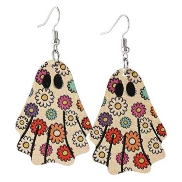 Imagem de Brincos com pingente de madeira de fantasma de abóbora de Halloween fofo de fantasma de desenho animado para mulheres, festas festivas, cosplay, bijuterias, presentes, Large, Metal, Sem pedra preciosa