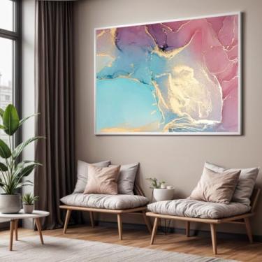 Imagem de Quadro com Moldura Sala Quarto Abstrato Azul e Rosa Mármore Decorativo Horizontal Grande Hall
