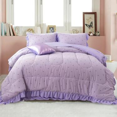 Imagem de Holawakaka Conjunto de edredom de cama de solteiro roxo com babados, 6 peças, chique, franzido, nó de laço preto, cama em uma bolsa de princesa, inclui edredom, lençóis, fronhas decorativas