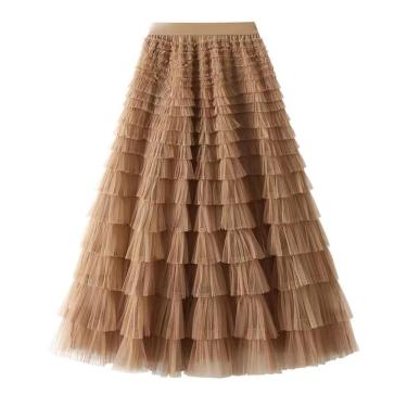 Imagem de Saia maxi de tule Flygo para mulheres, cáqui de cintura alta