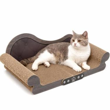 Imagem de Tábuas de arranhar gatos em forma de sofá, cama extra grande para gatos de 66 cm para ambientes internos, almofada reversível para arranhar gatos em forma de sofá com erva de gato (cor de madeira)