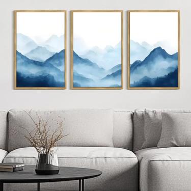Imagem de KUVIOKE Blue Watercolor Mountains in Fog Framed Wall Art Wilderness Nature Landscape Painting Rustic Scenic Relax Cool Room Decor for Bedroom Dining Room 61.0x91.4 cm (moldura natural)