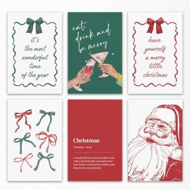 Imagem de 6 peças de arte de parede em tela de Natal, pôster feliz de Papai Noel, imagem moderna de laços verdes e vermelhos, impressão de carrinho de bar Eat Drink Be Merry Cheers, pintura quente de citações