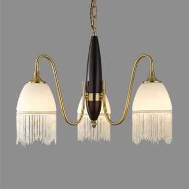 Imagem de Lustre de meados do século Sala de jantar Madeira Sputnik Lustre de vidro leitoso Vintage Luz pendente de teto de madeira Antigo Ouro Fazenda Lâmpada suspensa para sala de estar Cozinha Ilha