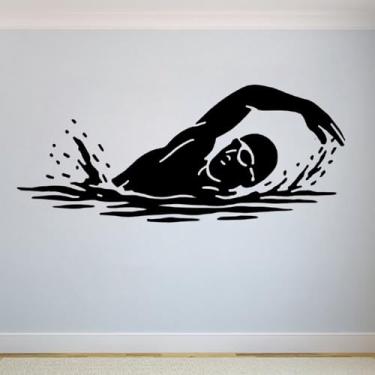 Imagem de Decalque de parede de vinil nadador piscina esportes aquáticos adesivos de parede para decoração de quarto de casa mural papel de parede removível 42 x 131 cm