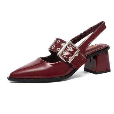 Imagem de NEWBELLA Sapato social feminino com bico fino e salto baixo com fivela de metal no peito do pé para casamento, formatura, trabalho, Borgonha, 34