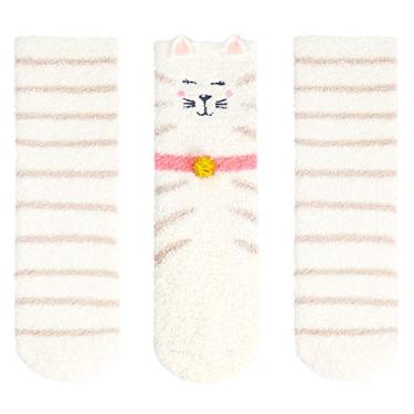 Imagem de Panda Bros Meias quentes e felpudas, para meninas, meias antiderrapantes para crianças, 3 pares, Gato marrom, 9-12 Little Kid