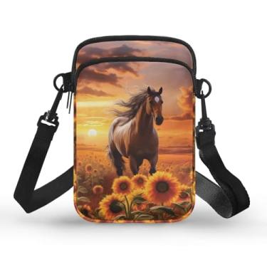 Imagem de Ecaestolph Bolsa tiracolo de 2 camadas com estampa de gato, bolsa tiracolo de poliéster, bolsa de cintura para mulheres, Cavalo girassol pôr do sol marrom, One Size
