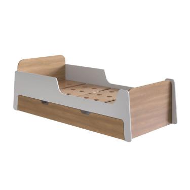 Imagem de Cama de Solteiro Infantil com Baú Organizador 100% Mdf Premium com Estrado Usinado Miguel Branco/ Louro Freijó