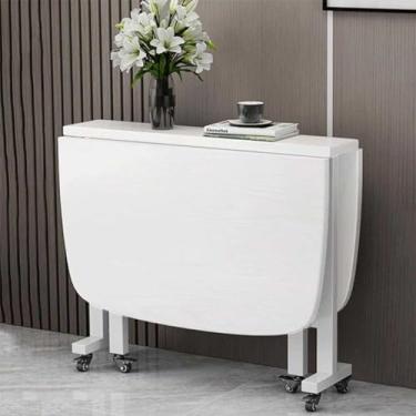 Imagem de Mesa de jantar de madeira com rodas móveis – Mesa dobrável retangular extensível para pequenos espaços – Ideal para cozinhas compactas