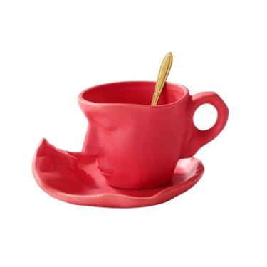 Imagem de URGDWEKJY Copo de água nórdico criativo xícara de café de cerâmica com pires caneca de sobremesa xícara de chá caneca de escritório decoração de casa copo (C)