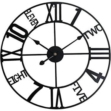 Imagem de Relógio de parede de jardim ao ar livre de 23 polegadas, retro impermeável rosto aberto Roma relógio de jardim relógio de ferro forjado decoração interior ao ar livre relógio de parede de quartzo