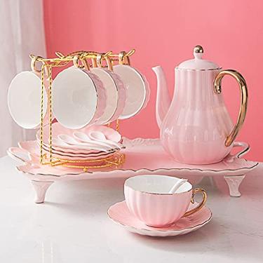 Imagem de Conjuntos de chá de porcelana conjunto de xícara de café e pires conjunto de xícaras de café conjuntos de chá da tarde com suporte de metal para uso doméstico, azul (rosa) (rosa)