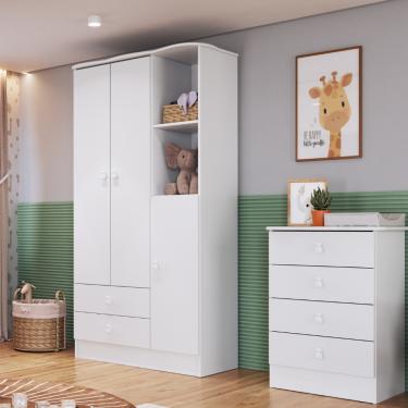 Imagem de Quarto de Bebê Cômoda 4 Gavetas e Guarda Roupa 3 Portas Tedy - Branco