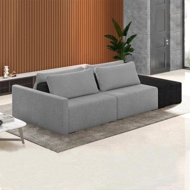Imagem de Sofá Ilha Modulado Milos 232cm Puff Lateral Cinza Escuro Preto Manchado Bouclê/PU G33 - Gran Belo