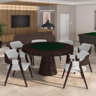Imagem de Conjunto Mesa de Jogos Carteado Bellagio Tampo Reversível Verde e 6 Cadeiras Madeira Poker Base Cone Linho Cinza/Capuccino G42 - Gran Belo