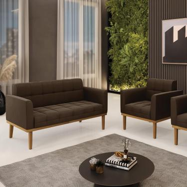Imagem de Conjunto Poltrona e Namoradeira Decorativas Karen Pés Fixo em Madeira Castanho Suede Marrom 19 - Gran Belo