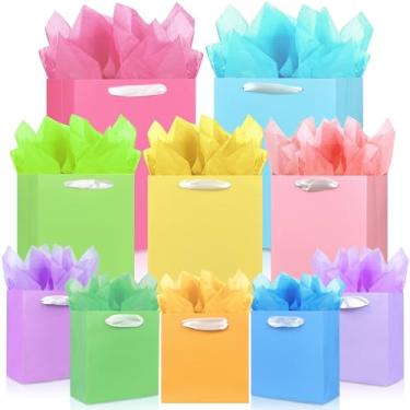 Imagem de MUMULULU Pacote com 10 sacos de presente de tamanhos variados, sacos de papel colorido com alça e papel de seda para festa de aniversário, chá de bebê, casamento, presente de feriado