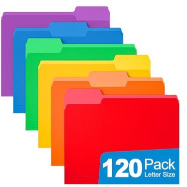 Imagem de HABGP Pacote com 120 pastas Manilla 21 x 28 cm, abas de 1/3 cortadas, tamanho carta, pastas de papel, pastas Manila, material escolar para arquivos de documentos, 6 cores sortidas