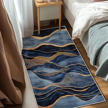 Imagem de Tapete abstrato lavável 3x5 para sala de estar, quarto, moderno, azul marinho e dourado, tapete grande antiderrapante para escritório, entrada, banheiro