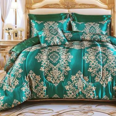 Imagem de MOVE OVER Conjunto de edredom de cetim verde com 8 peças, cama king size de seda em uma bolsa, macio e elegante, floral, boêmio, chique, conjunto de cama de luxo